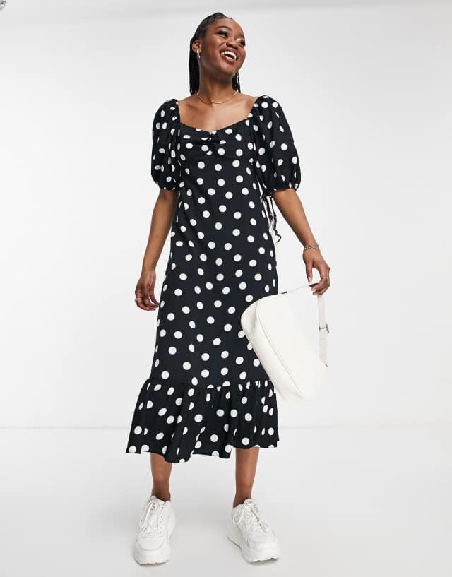 Nobody's Child empire waist tea dress in black polka dot