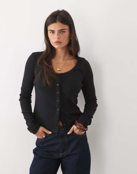 Nobody's Child Erin cotton pointelle round neck lace detail cardigan in black - view 1