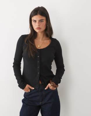 Nobody's Child Erin Pointelle Round Neck Lace Detail Cardigan In Black