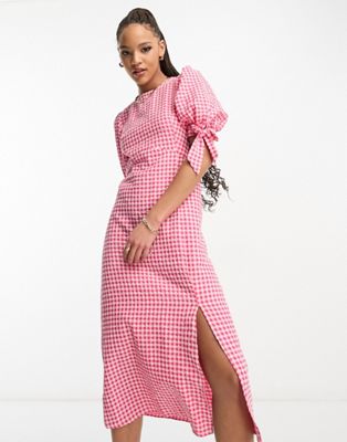 Nobody's Child Esme tie sleeve midi dress in pink and red gingham