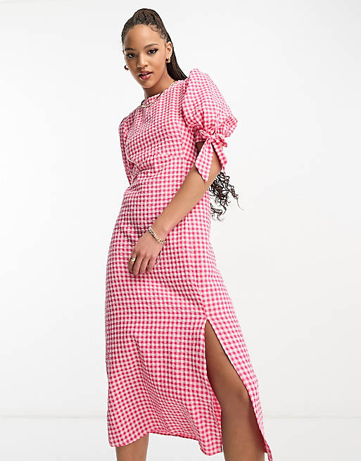 Nobody's Child Esme tie sleeve midi dress in pink and red gingham | ASOS
