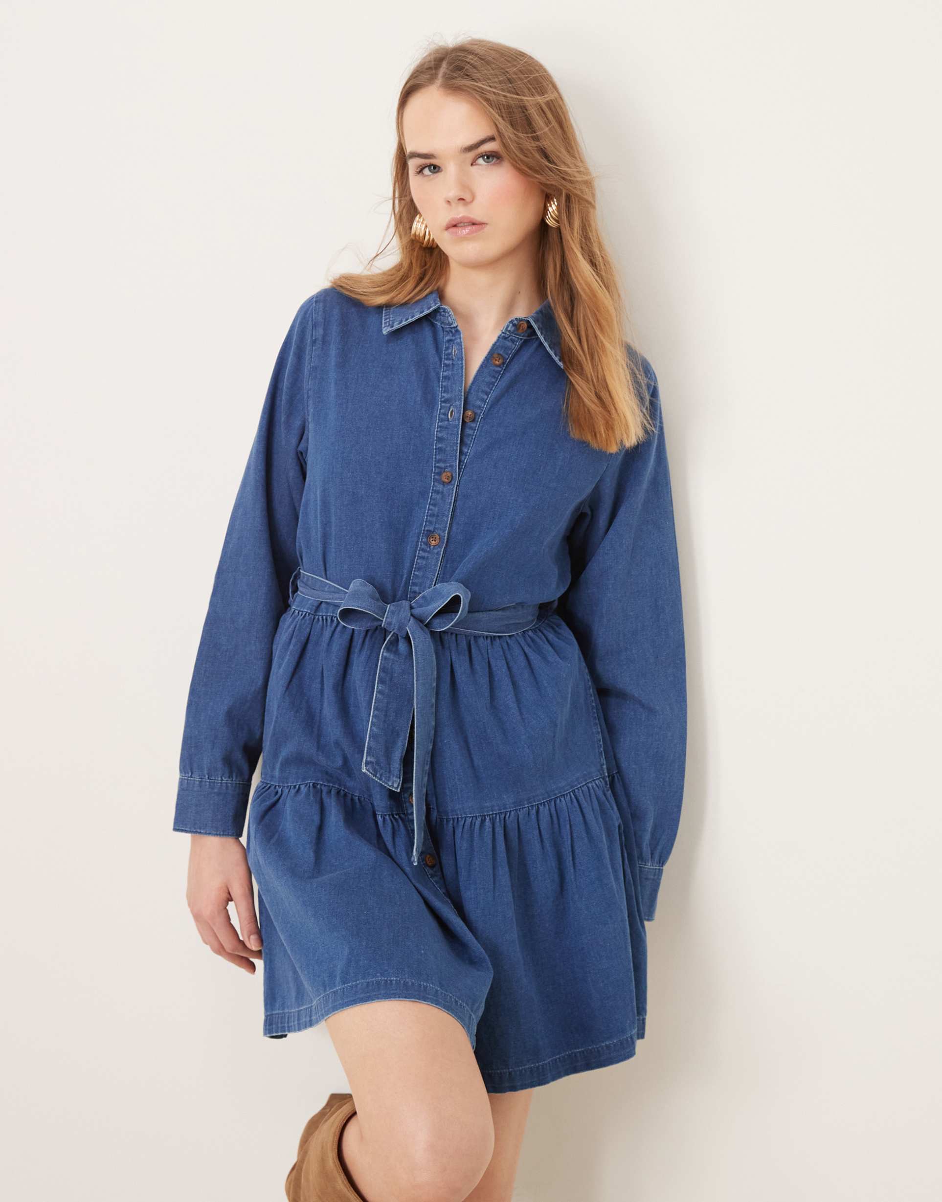 nobody's child ester long sleeve denim mini dress in mid wash