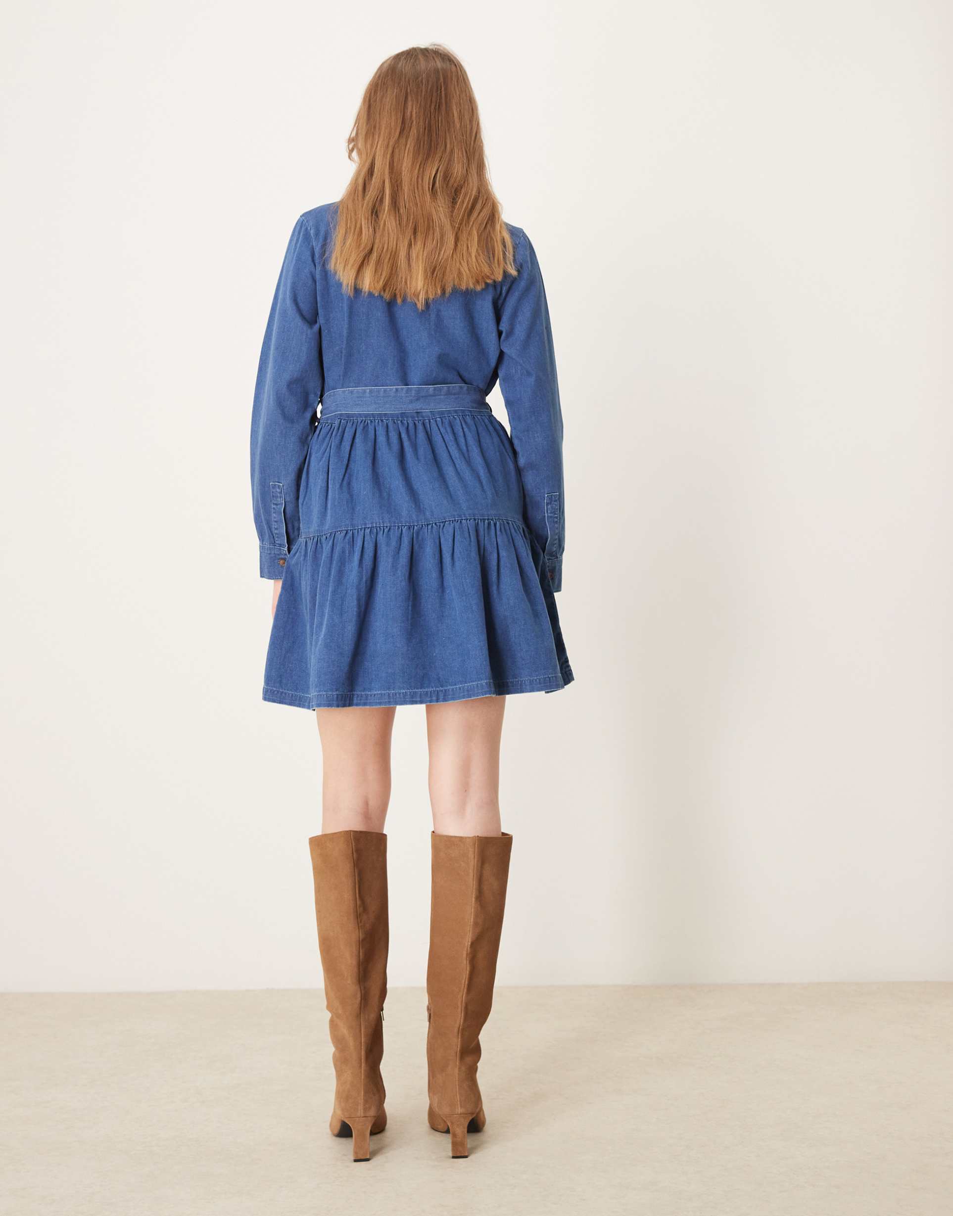 nobody's child ester long sleeve denim mini dress in mid wash