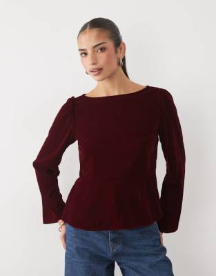 Nobody's Child Eva Velvet Boat Neck Flare Sleeve Top In Burgundy