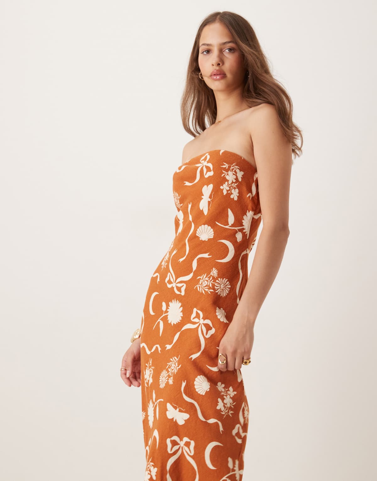 Nobody's Child Evie bandeau midi dress in rust abstract print