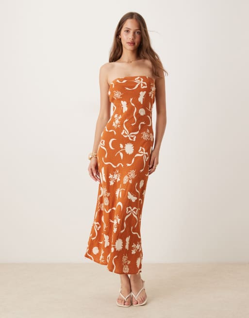 Nobody's Child Evie bandeau midi dress in rust abstract print, 2 of 4