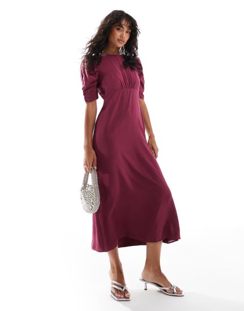Nobody's Child Evie midi dress with ruched shoulder in berry