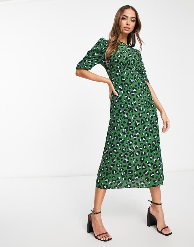 Nobody's Child Evie midi tea dress in green leopard