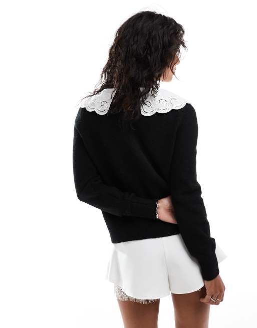Nobody's Child eyelet collar knit sweater in black and white 