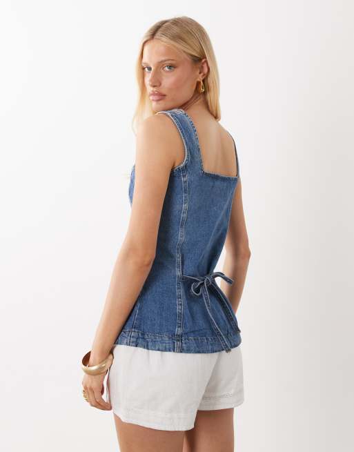 Nobody's Child Ezra denin square neck waistcoat in mid wash blue, 3 of 4