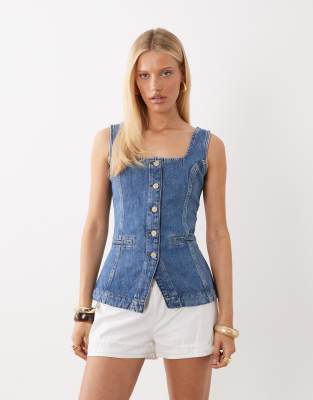 Ezra - Gilet de tailleur en denim à encolure carrée - Bleu moyen délavé 34