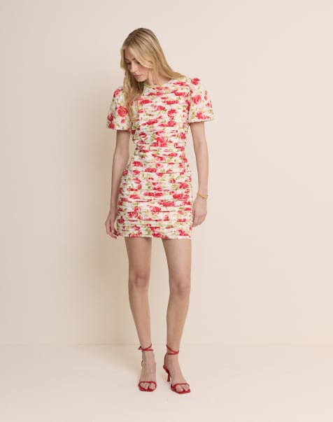 Nobody's Child Fabienne cotton ruched puff sleeve mini dress in rose print - view 1