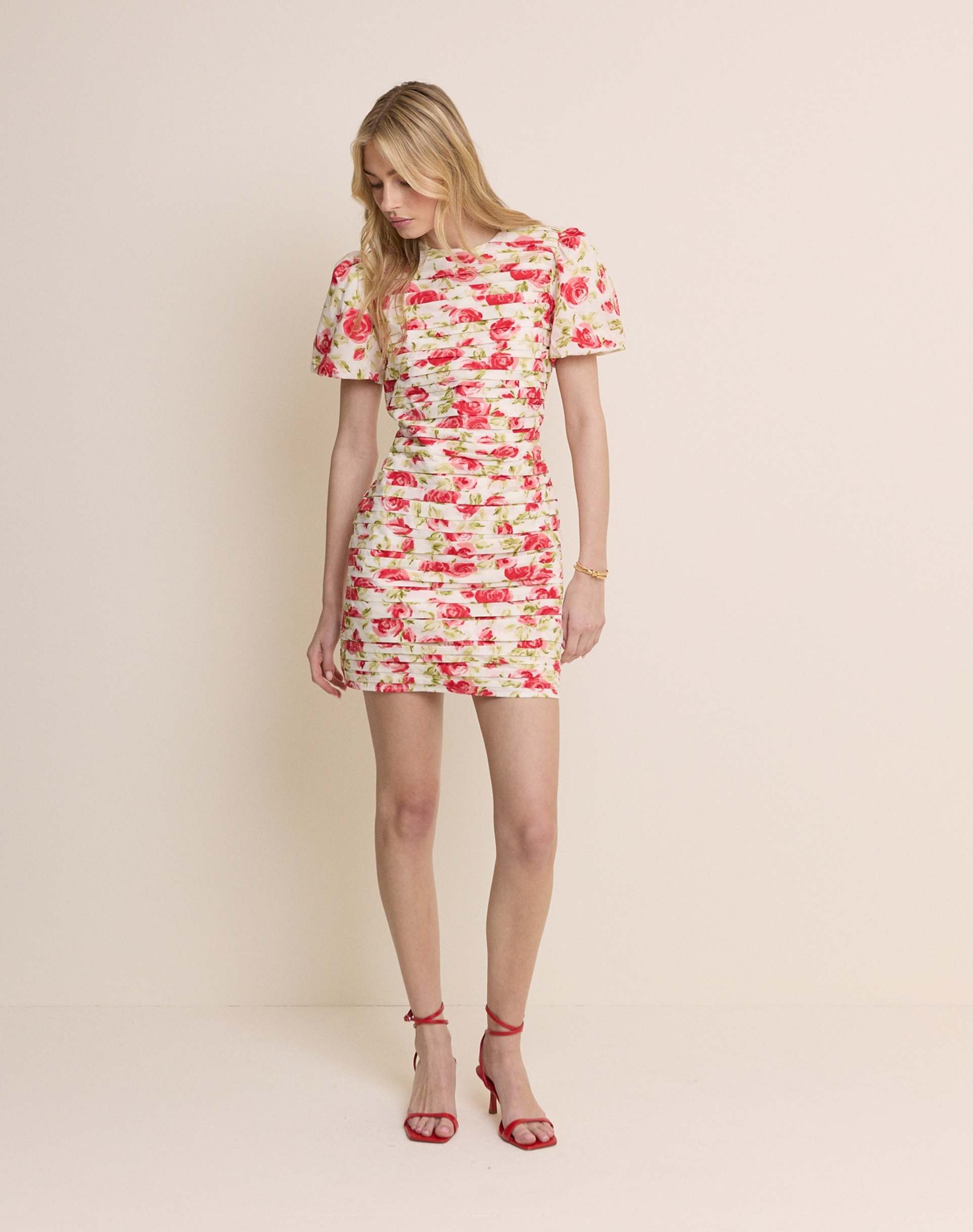 nobody's child fabienne cotton ruched puff sleeve mini dress in rose print