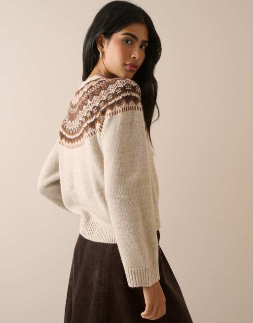 Nobody's Child Fair isle print chunky cardigan in cream, 2 of 6