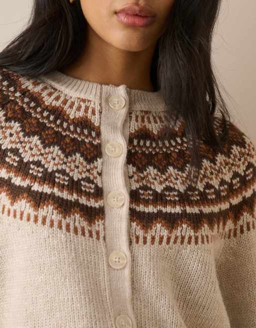 Nobody's Child Fair isle print chunky cardigan in cream, 3 of 6