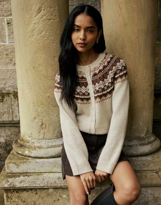 Nobody's Child Fair isle print chunky cardigan in cream, 4 of 6