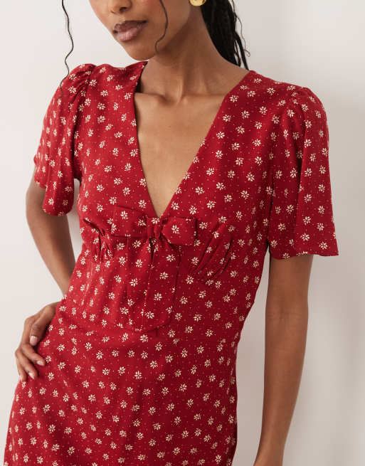 Nobody's Child - Faith - Robe mi-longue à fleurs avec col V et manches évasées - Rouge, 3 de 4