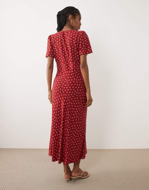 Nobody's Child - Faith - Robe mi-longue à fleurs avec col V et manches évasées - Rouge, 4 de 4