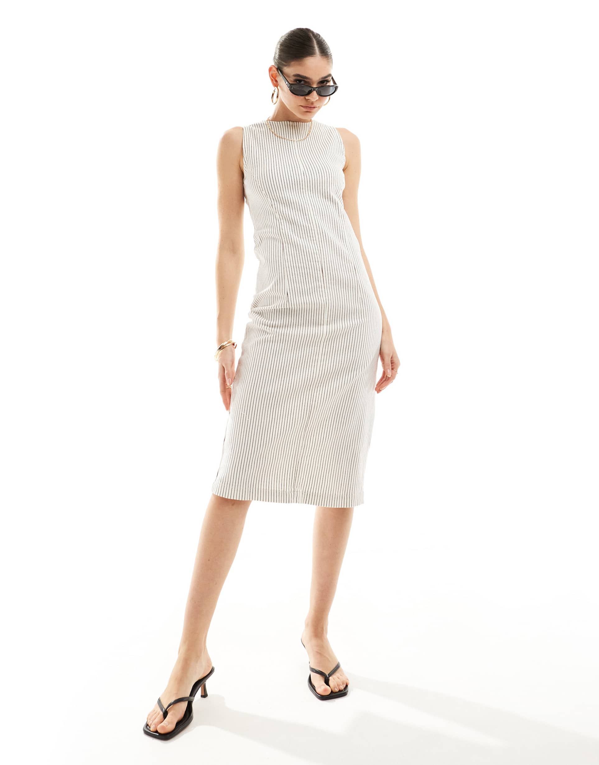 nobody's child farringdon denim midi dress in cream pinstripe