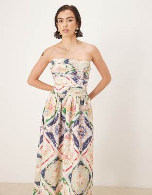 [Nobody's Child] Nobody's Child Felicity abstract floral bandeau midi dress in boho scarf print-Multi 16 Multi