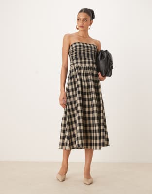 Felicity bandeau drop waist midi dress in mono gingham-Multi