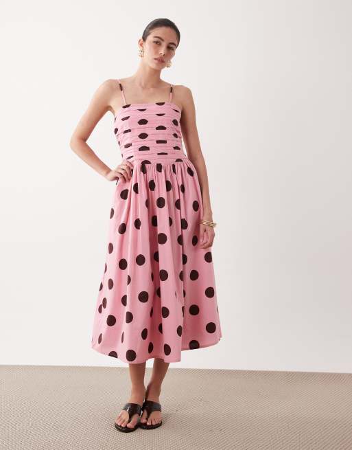 Nobody's Child Felicity cotton cami pleated bust midi dress in pink and  brown polka dot | ASOS