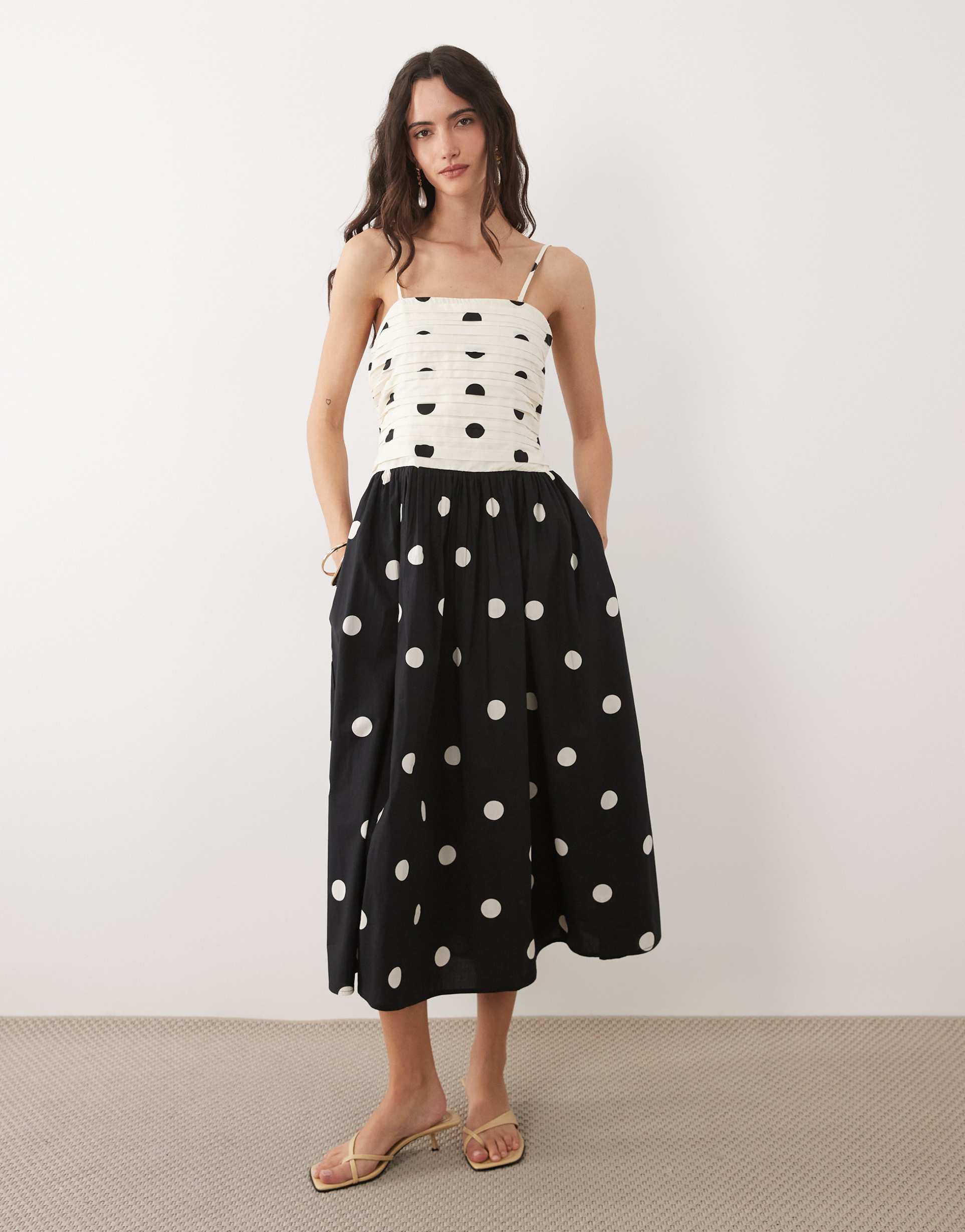 nobody's child felicity occasion strapless cami midi dress in black and white polka dots