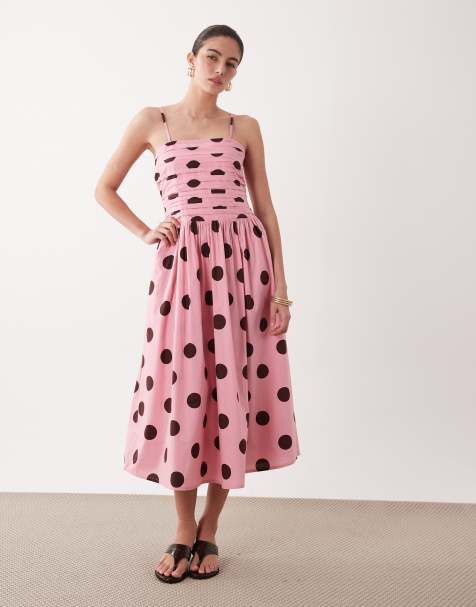Nobody's Child Felicity pleated bust cotton cami midi dress in pink and brown polka dots - view 1