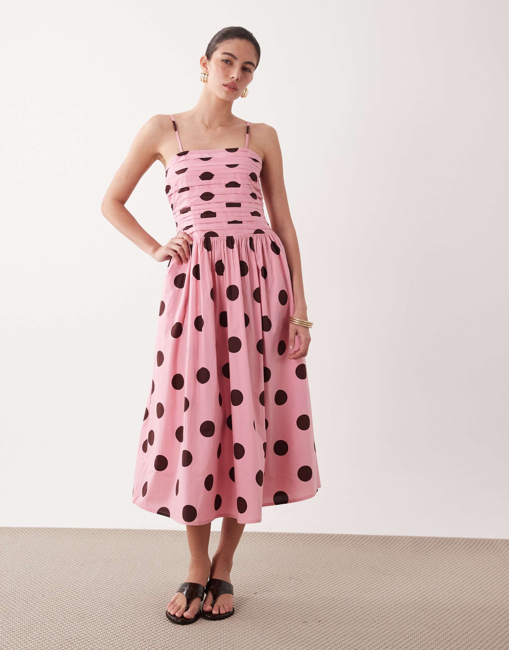 nobody's child felicity strapless or spaghetti strap midi occasion dress in pink and brown polka dots
