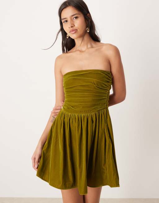 Nobody's Child Felicity velvet bandeau ruch detail mini dress in olive green