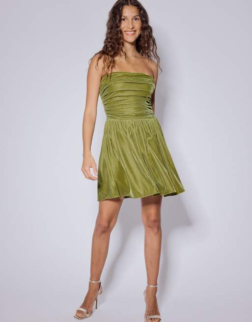 green off the shoulder dress casual GREEN V NECK RUCHED VELVET MINI DRESS – Bella Galvan main image 0