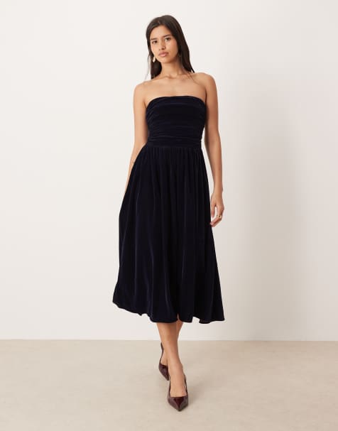 Nobody's Child Felicity velvet bandeau ruched detailing midi dress in navy - view 1