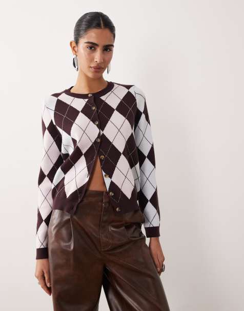 Nobody's Child fine knit cardigan in burgundy argyle check