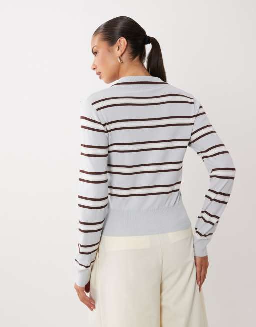Nobody's Child fine knit long sleeved polo top in light blue stripe, 4 of 4