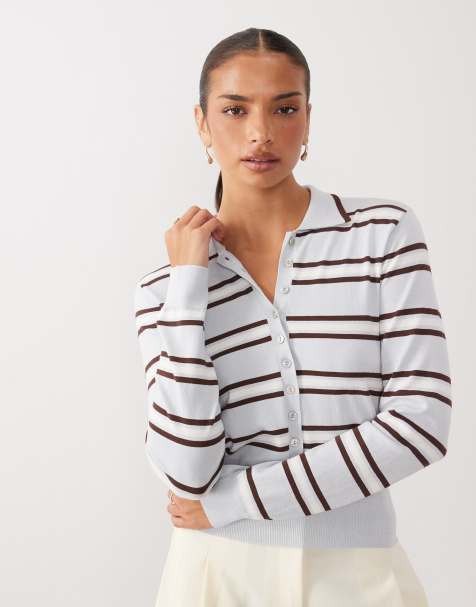 Nobody's Child fine knit long sleeved polo top in light blue striped print - view 1