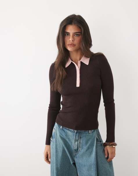 Nobody's Child fine rib knitted contrast collar long sleeve top in chocolate and pink - view 1