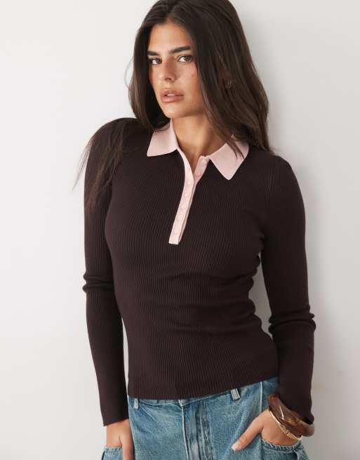 Nobody's Child fine rib knitted contrast collar long sleeve top in chocolate and pink, 3 of 4