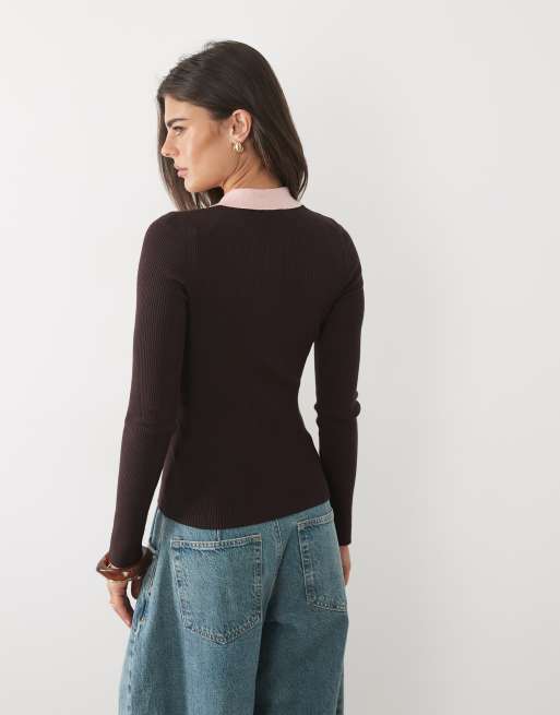 Nobody's Child fine rib knitted contrast collar long sleeve top in chocolate and pink, 4 of 4