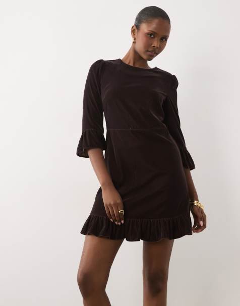 Nobody's Child Fleur cord crew neck three quarter length sleeves frill hem mini dress in brown - view 1