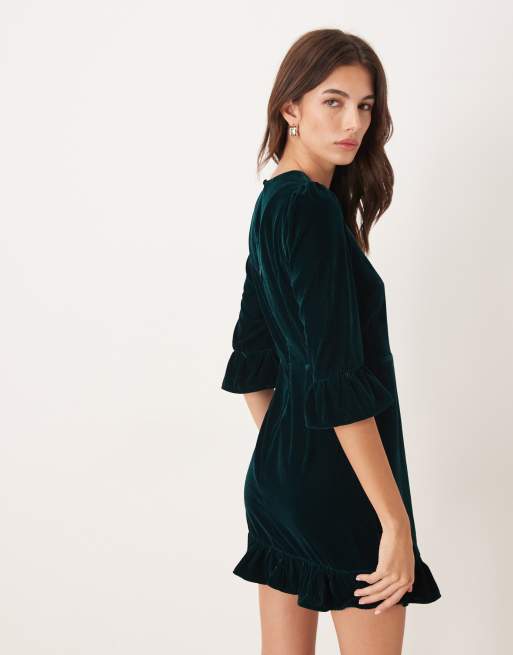 Nobody's Child - Fleur - Robe courte en velours et manches à fronces - Vert foncé, 4 de 4