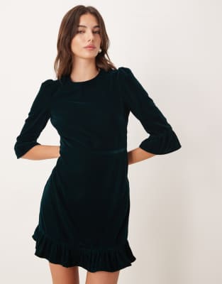 Nobody's Child Fleur velvet ruffle sleeve mini dress in dark green