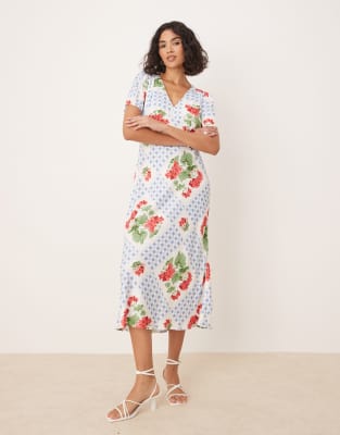 Mango v neck floral print midi tea dress in red
