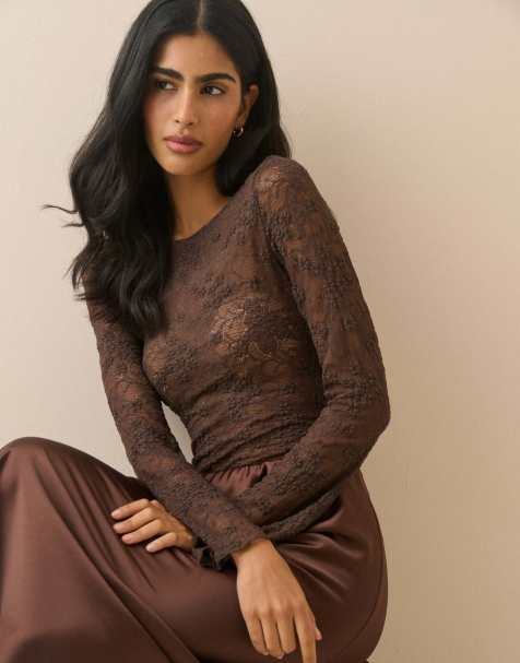 Nobody's Child Floral boat neck lace top in brown - view 1