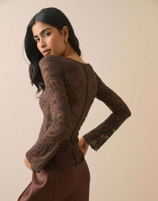 Nobody's Child Floral boat neck lace top in brown, 2 of 5