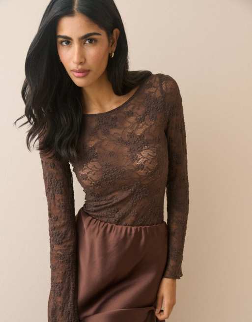 Nobody's Child Floral boat neck lace top in brown, 3 of 5
