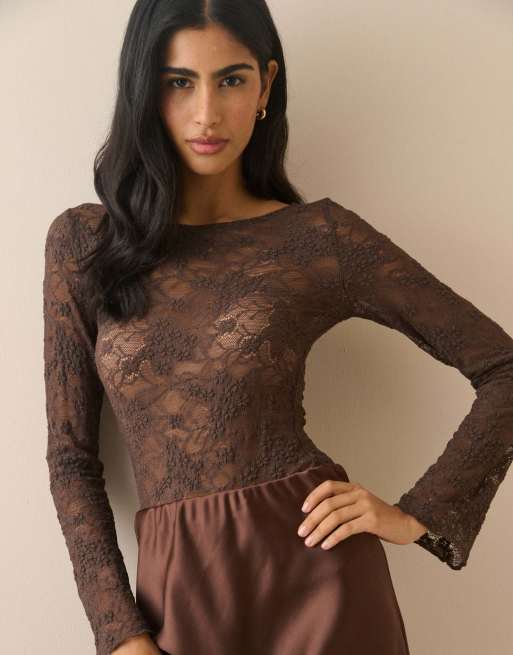 Nobody's Child Floral boat neck lace top in brown, 4 of 5