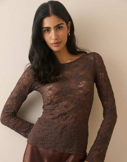 Nobody's Child Floral boat neck lace top in brown, 5 of 5
