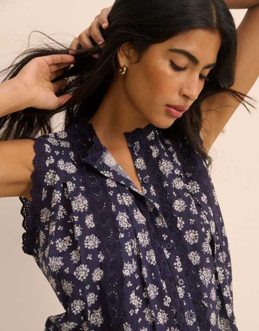 Nobody's Child Floral broderie anglaise trim blouse in navy, 2 of 5
