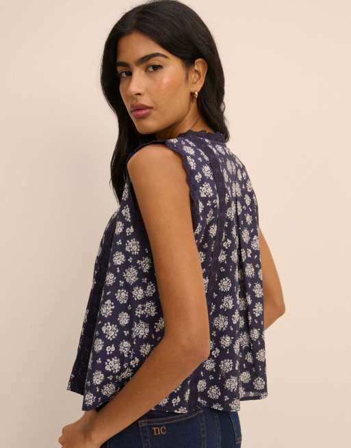 Nobody's Child Floral broderie anglaise trim blouse in navy, 5 of 5