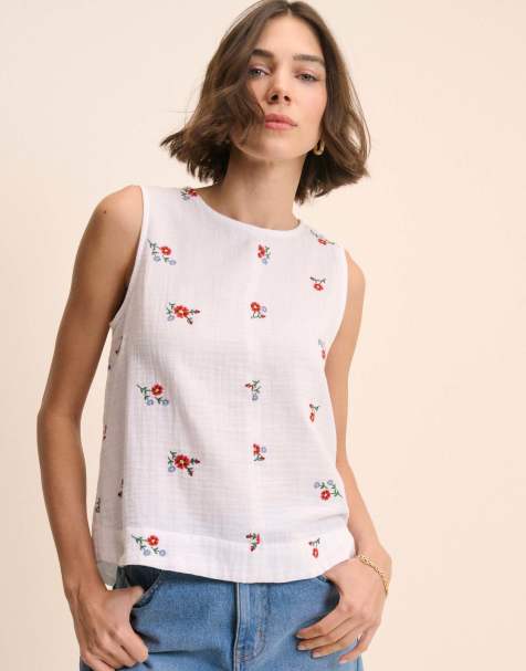 Nobody's Child Floral embroidered sleeveless swing top in cream - view 1